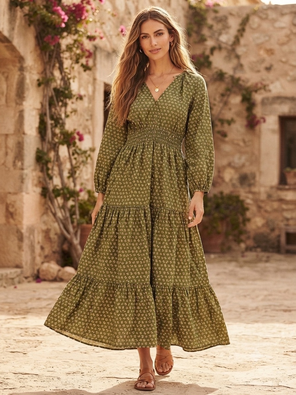 Olive Green Smocked Waist Floral Ditsy Peasant Maxi Dress Boho Romantic Prairie